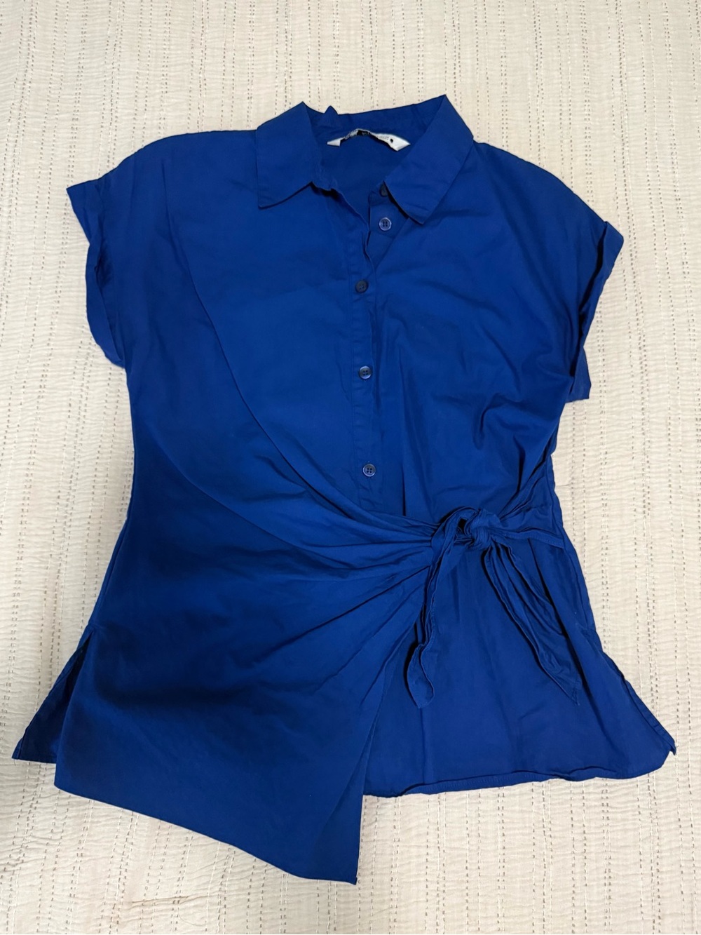 Zara Cobalt Blue Button-Front Tie-Waist Blouse